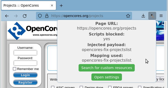 Haketilo popup on opencores.org with a payload injected