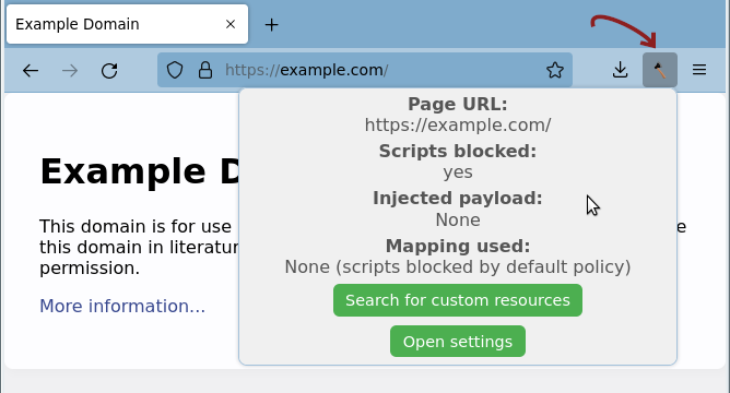 Haketilo popup with an arrow pointing at the Haketilo icon used to open it
